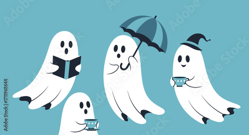 Whimsical Ghosts Enjoying Leisurely Activities in a Cartoon Illustration.
