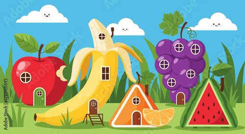 Whimsical Fruit Houses in a Cartoon Landscape.