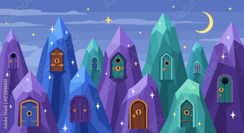 Whimsical Mountain Village with Unique Doorways Under a Starry Night Sky.