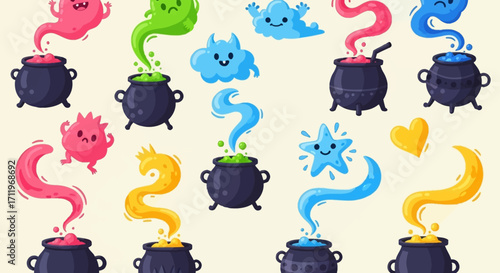 Whimsical Halloween Cauldron Collection with Colorful Ghostly Emanations.