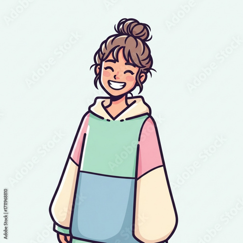 Illustration of cute cartoon girl with messy bun smiling happily