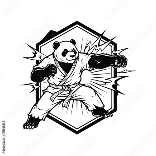 A black and white illustration of a martial arts panda in a gi, delivering a powerful punch.