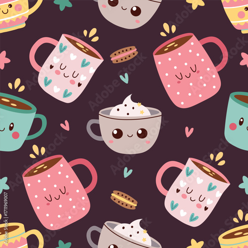 Cute Coffee cups and sweet treats seamless pattern. Hand Drawn Coffee mugs in kawaii style. Cute mugs with various patterns and designs. Vector illustration. 