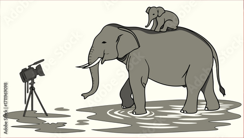 Illustration of an adult elephant and a baby elephant with a camera on a tripod in the background.