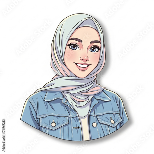Illustration of young muslim woman wearing hijab and denim jacket