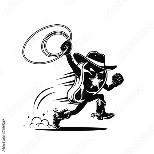Cartoon steak cowboy running with lasso, wearing hat and boots.