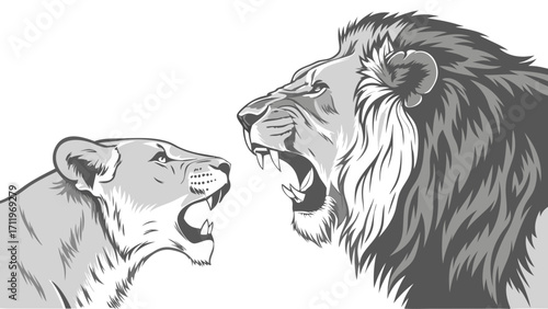 Lion and Lioness Majestic African Wildlife Gray Scale Vector Illustration Big Cat Portraits Animal Art Wildlife Art Powerful Predators Roaring Cats Wild Animals Nature Graphic Design El.