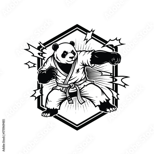 Black and white illustration of a panda in a karate uniform, striking a pose.