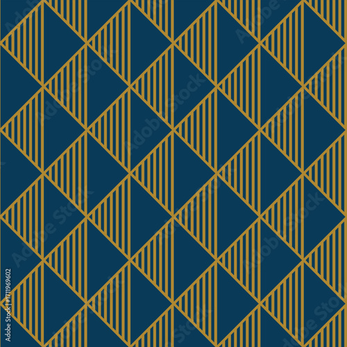 Pattern of interconnected diamond and arrow like shapes in a striking blue and gold color scheme.