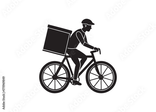 Delivery Person Riding Bicycle with Package; Black and White Silhouette; Efficient Delivery Service Illustration.