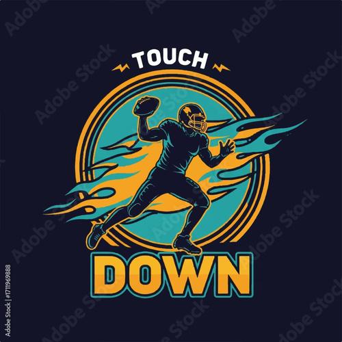 Illustration of an American football quarterback throwing a pass with 'Touch Down' text and flame graphics.