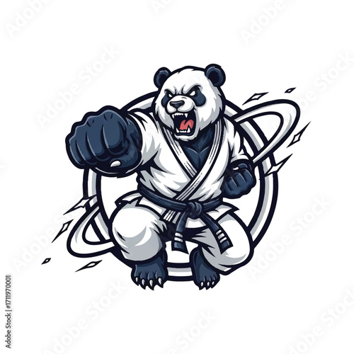Angry panda in a karate pose, illustration style.