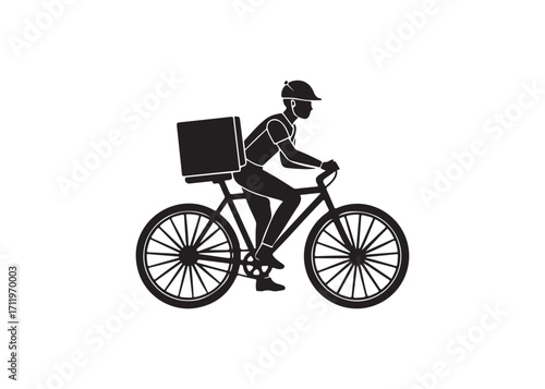 Delivery Person Riding Bicycle with Package; Black and White Silhouette; Efficient Delivery Service Illustration.