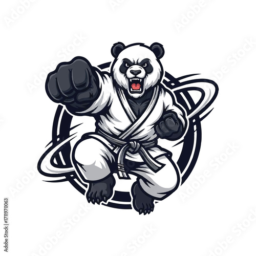 A fierce panda mascot in a martial arts uniform with a black belt, executing a dynamic flying punch with an angry expression.