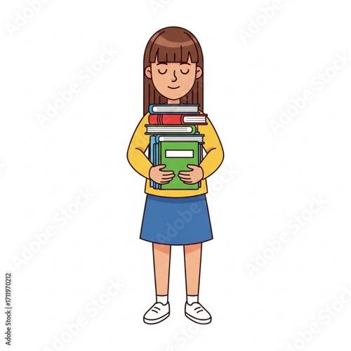 Illustration of young girl holding a stack of books