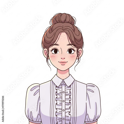 Illustration of young woman with hair in a bun, wearing a ruffled blouse