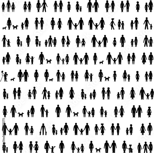 Silhouettes of diverse families, parents with children, holding hands, walking dogs, children playing, parent-child interaction, family bonds, pets included, community togetherness,