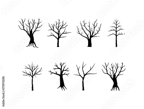 Collection of eight stylized black and white bare tree silhouettes