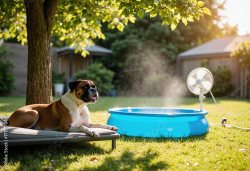 A Boxer dog stays cool on a hot summer day, relaxing in the backyard next to a kiddie pool with a refreshing misting fan for ultimate pet comfort.
