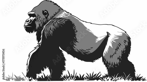 Powerful Gorilla Illustration Black and White Wildlife Animal Design Graphic Vector Art Print Poster T-Shirt.