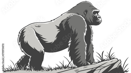 Powerful Gorilla Illustration Grey Scale Wildlife Animal Jungle Ape Vector Graphic Nature Art Primate Strong Ape Majestic Creature Wild Animal Design Endangered Species Conservation Ic.
