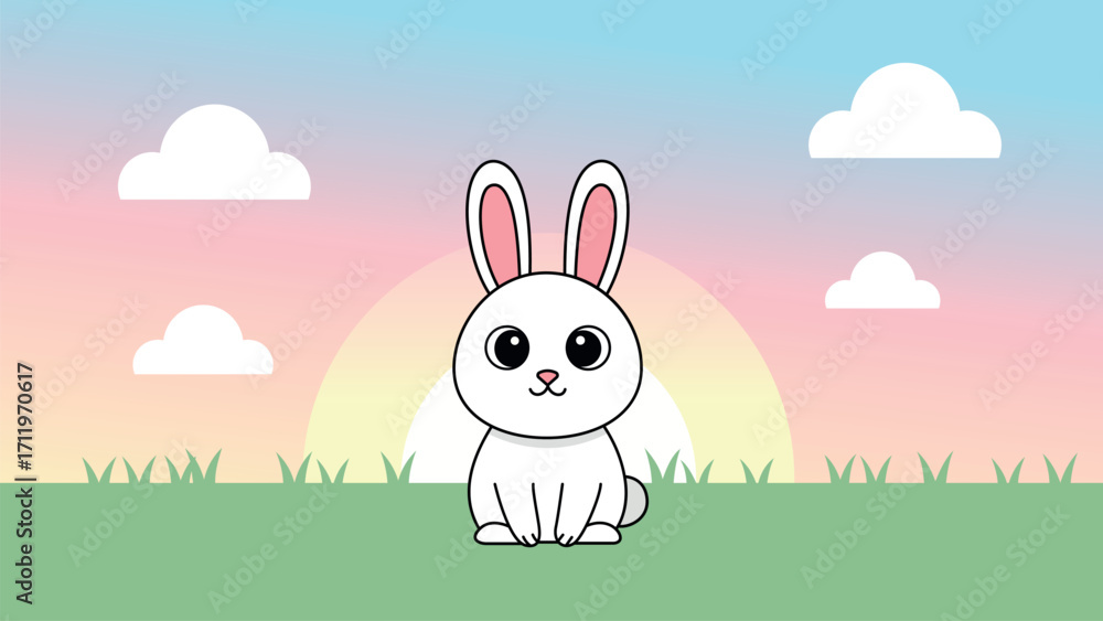 Fototapeta premium A cute cartoon white rabbit sitting in a field of grass at sunset, representing nature, spring, and animals in a charming illustration.