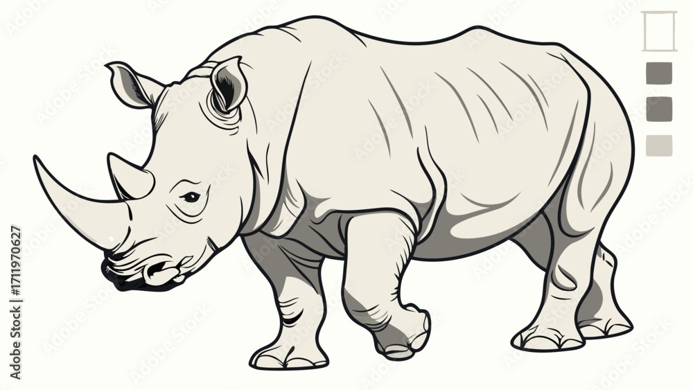 Fototapeta premium Rhinoceros Illustration Grey Scale Wildlife Animal Vector Art Big Five Endangered Species African Animal Mammal Horn Thick Skin Powerful Creature Nature Illustration Zoo Animal Wild.