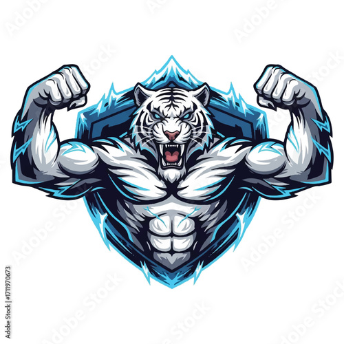 A muscular white tiger flexing its arms, set against a blue shield with lightning.