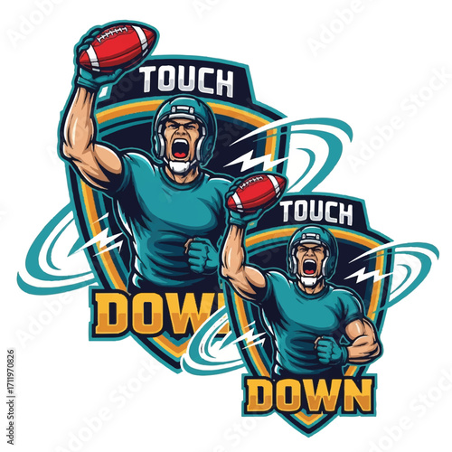 Two stylized American football players in teal uniforms, celebrating a touchdown with footballs raised high.