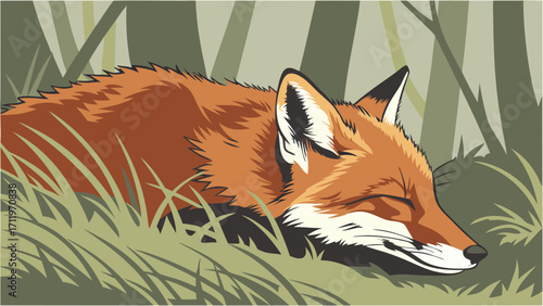 Sleeping fox in the grass wildlife illustration nature scene forest animal red fox art vector graphic wild animal illustration.