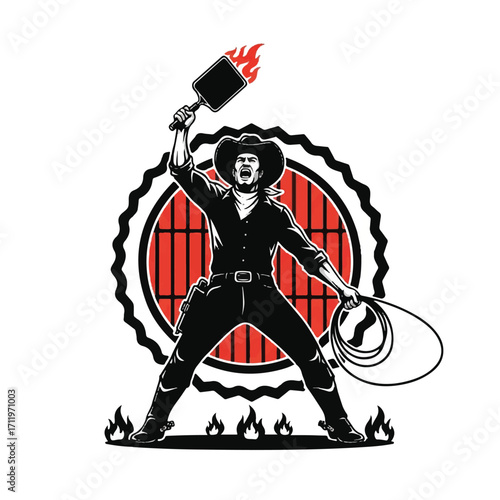 A cowboy wielding a fiery spatula and lasso, set against a grill emblem.