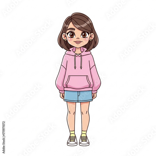 Illustration of cute cartoon girl wearing pink hoodie and denim shorts