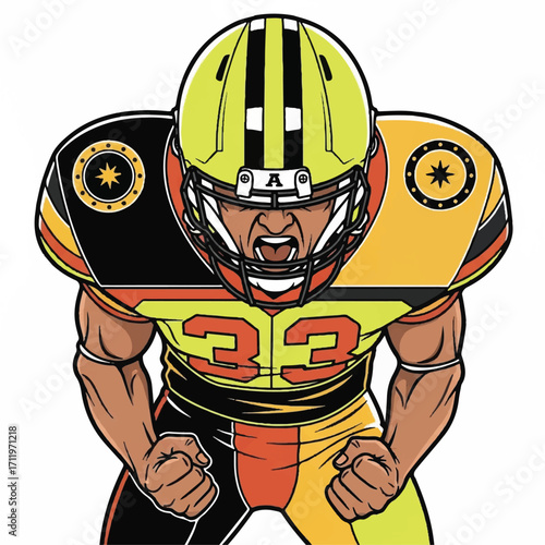 A determined American football player in a vibrant, stylized uniform, with an intense expression.