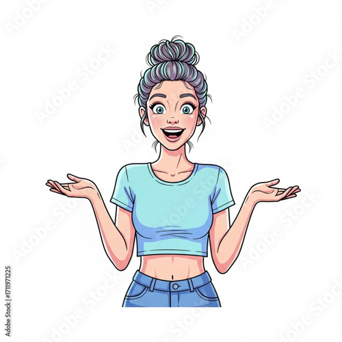 Illustration of young woman with messy bun and blue top