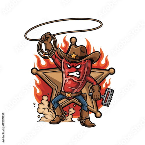 An angry cartoon steak character dressed as a cowboy, holding a lasso and meat tenderizer in front of a flaming sheriff star.