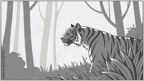 Striped cat in grayscale forest illustration wildlife nature scene jungle animal graphic wildcat in tall grass vector artwork monochrome big cat image.
