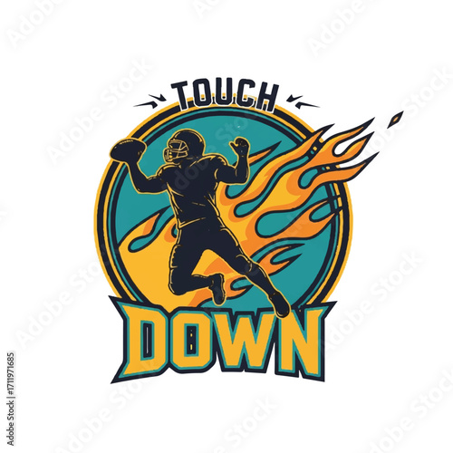 A dynamic American football logo featuring a player throwing a flaming ball with the words Touch Down.