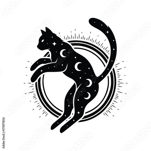 Mystical black cat silhouette with moon and stars.