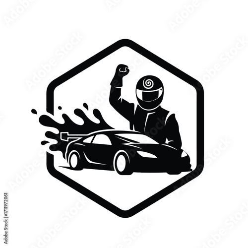 Race car driver celebrating victory, splashing water.