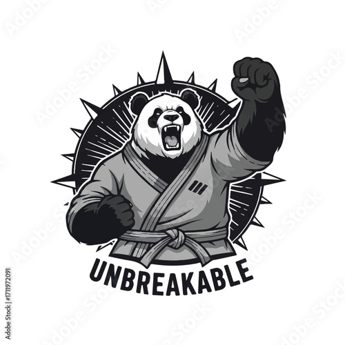 A fierce panda in a martial arts gi, with a clenched fist raised in victory, against a spiky circular background, with the word "UNBREAKABLE" below.