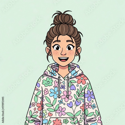 Illustration of young woman with messy bun and floral hoodie smiling