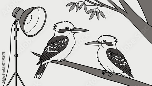 Studio Lighting Two Birds on Branch Wildlife Photography Illustration Black and White Design.