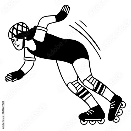Black and white illustration of a roller derby player leaning into a turn on a white background woman