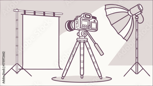 Studio Photography Setup DSLR Camera on Tripod with Lighting and Backdrop.