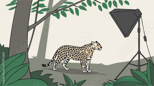 Studio Photography of a Spotted Cat in a Forest Setting.