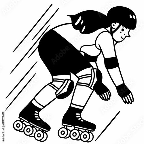 Black and white illustration of a roller derby player skating backward in defense on a white background