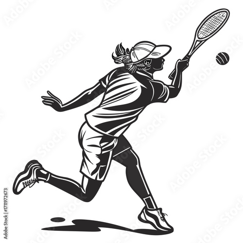 Black and white illustration of a tennis player hitting a ball in mid air sport action