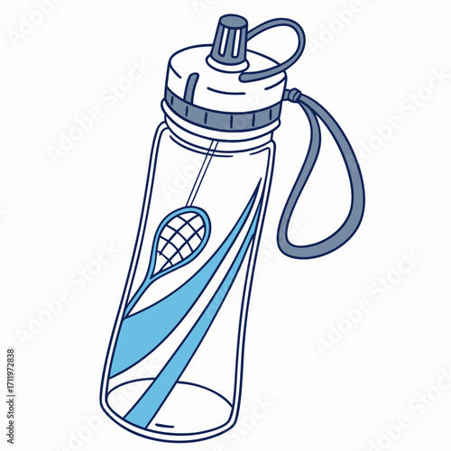 Blue and white sports water bottle with racquetball graphic and carrying strap isolated on white background