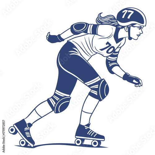 Blue and white graphic illustration of a female roller derby jammer in motion woman athlete