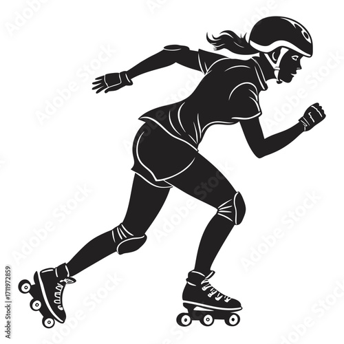 Black silhouette of a female roller derby skater in motion wearing helmet and protective gear action